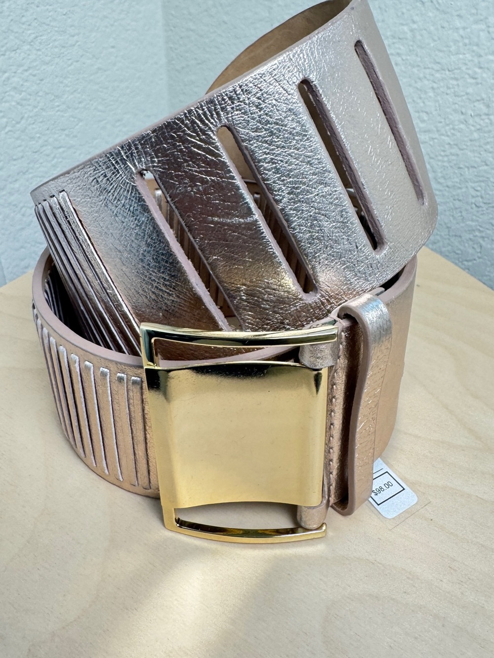 Elie Tahari Metallic Rose Gold Wide Women's Belt with Gold Buckle